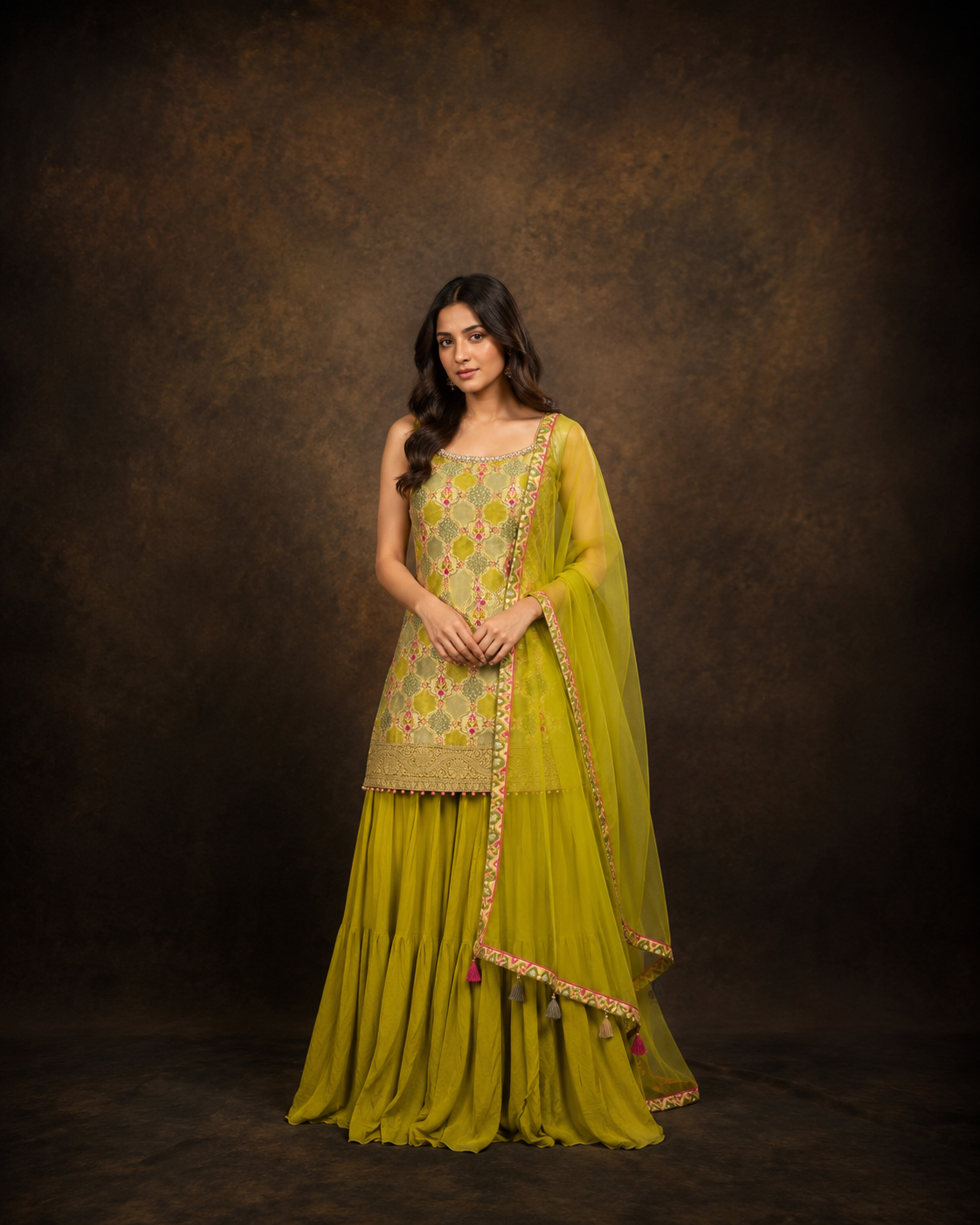 Olive Green Embroidered Kurti Sharara Set with Net Dupatta