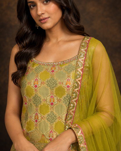 Olive Green Embroidered Kurti Sharara Set with Net Dupatta