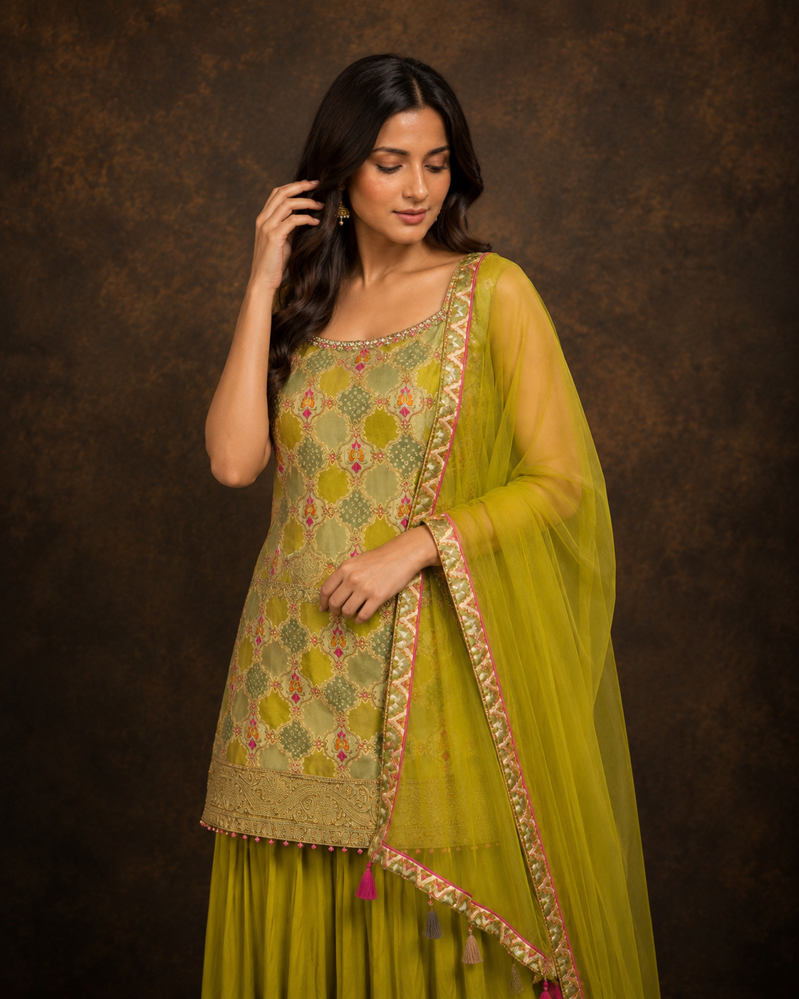 Olive Green Embroidered Kurti Sharara Set with Net Dupatta