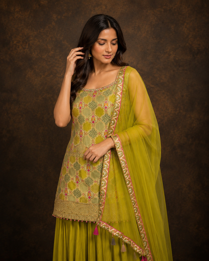 Olive Green Embroidered Kurti Sharara Set with Net Dupatta