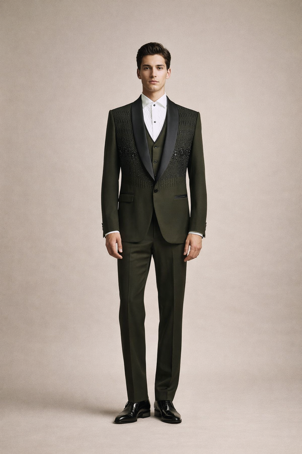 Olive Green Embroidered Tuxedo Suit