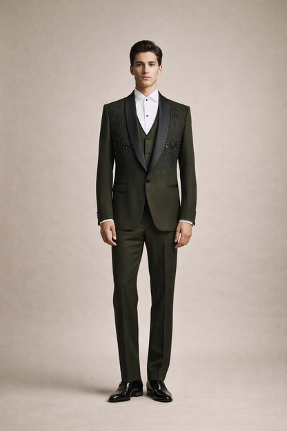 Olive Green Embroidered Tuxedo Suit