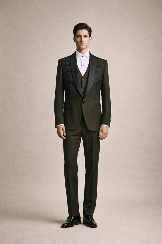 Olive Green Embroidered Tuxedo Suit