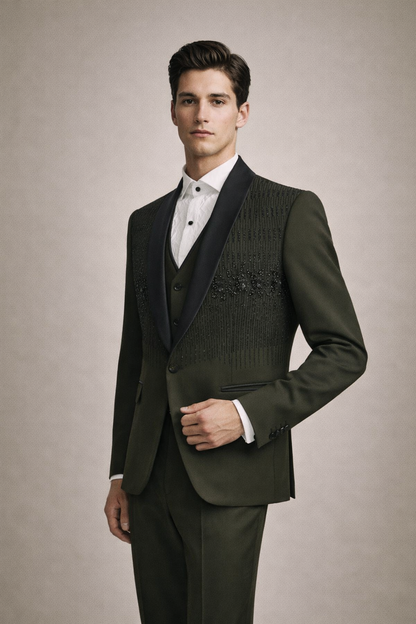 Olive Green Embroidered Tuxedo Suit