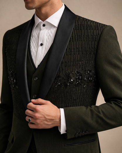 Olive Green Embroidered Tuxedo Suit