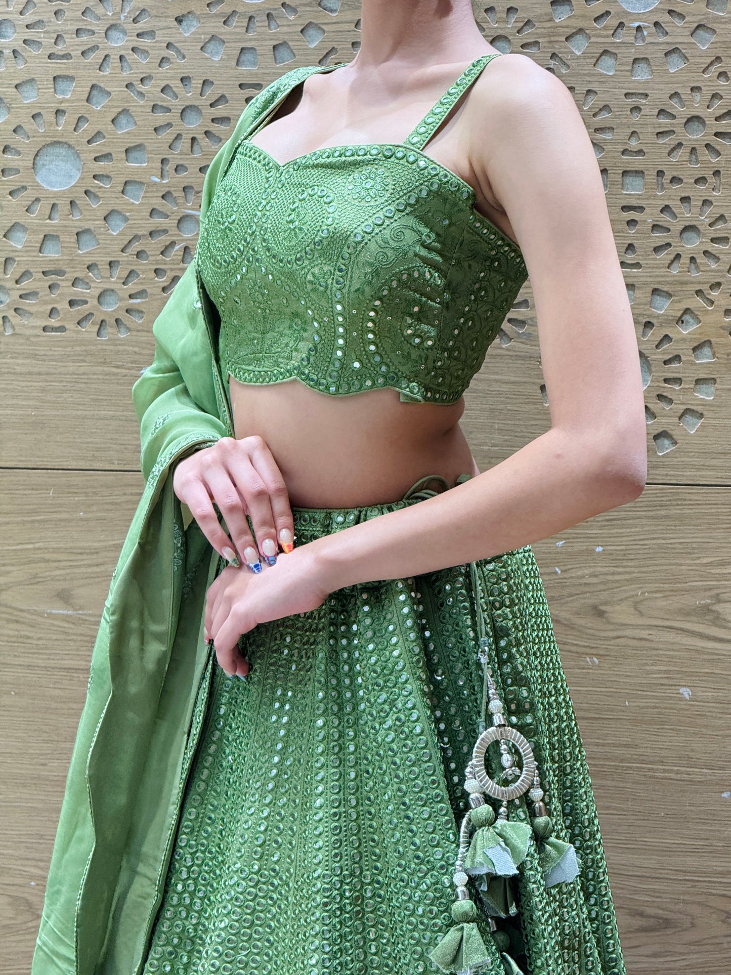 Olive Green Mirror Work Lehenga Set with Spaghetti Strap Blouse