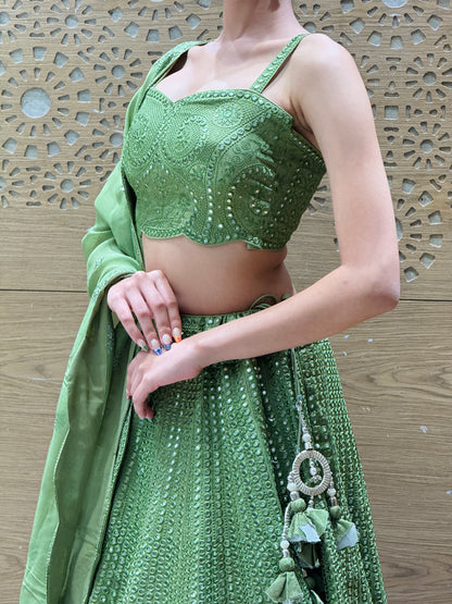 Olive Green Mirror Work Lehenga Set with Spaghetti Strap Blouse