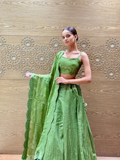 Olive Green Mirror Work Lehenga Set with Spaghetti Strap Blouse