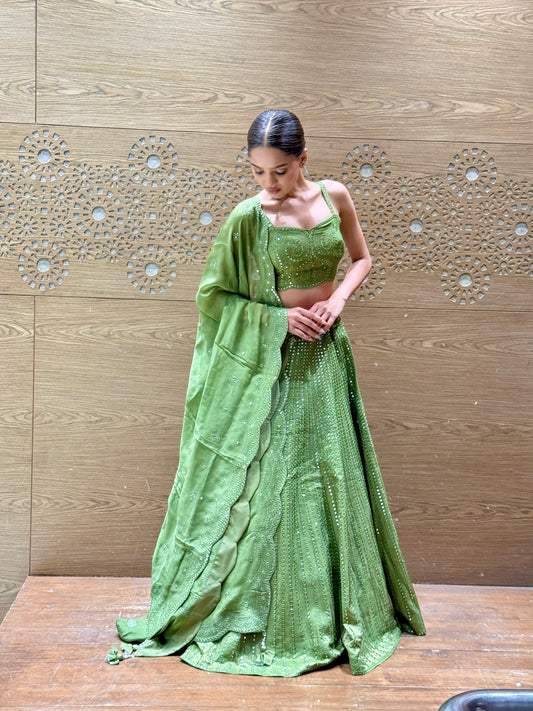 Olive Green Mirror Work Lehenga Set with Spaghetti Strap Blouse