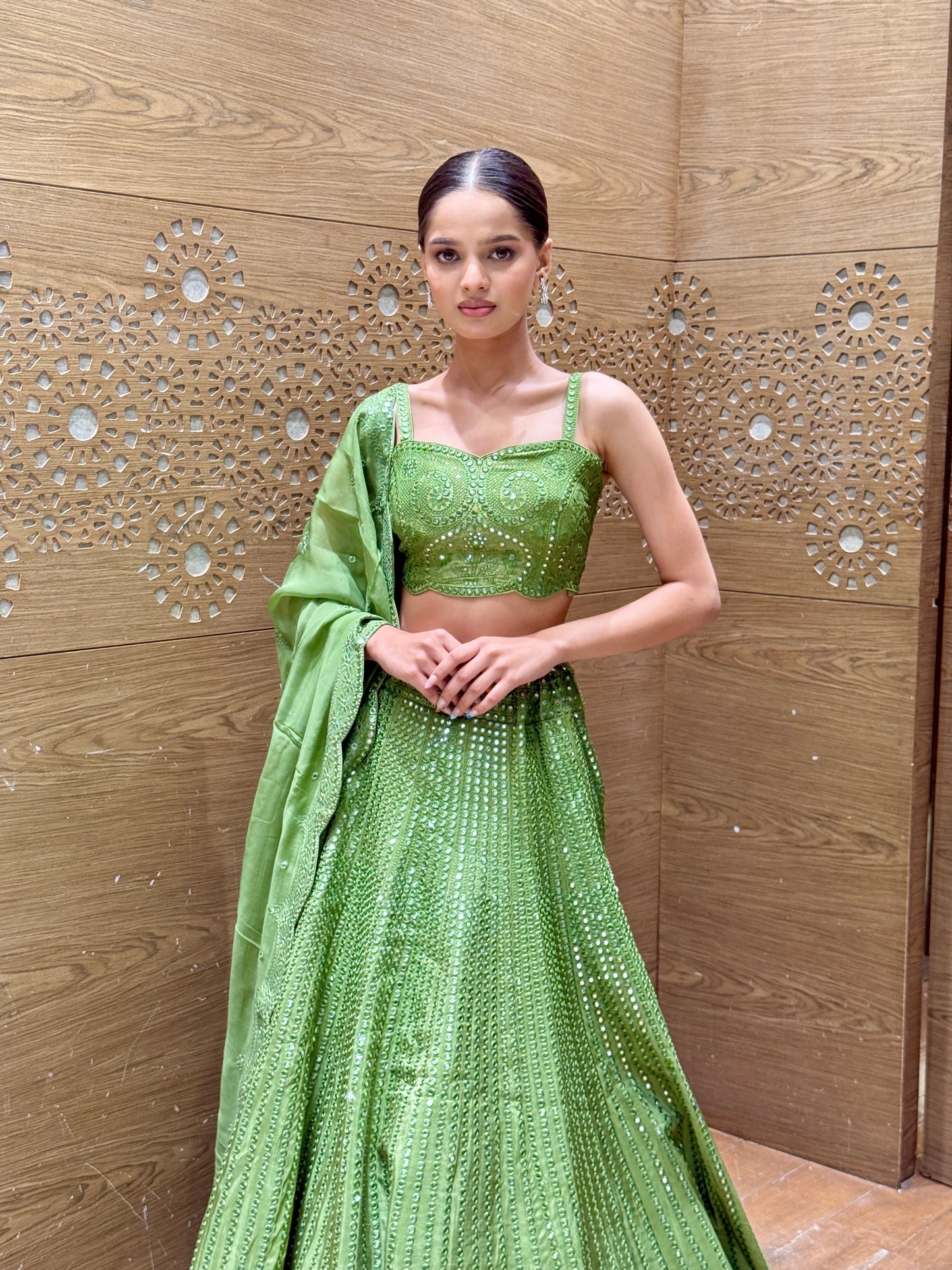 Olive Green Mirror Work Lehenga Set with Spaghetti Strap Blouse