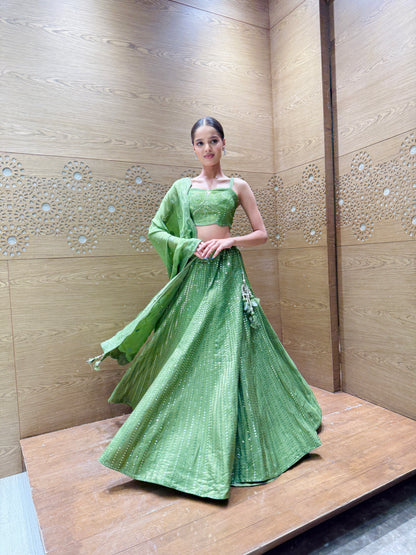 Olive Green Mirror Work Lehenga Set with Spaghetti Strap Blouse