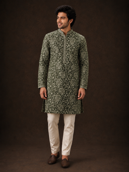 Olive Green Paisley Embroidered Kurta Set