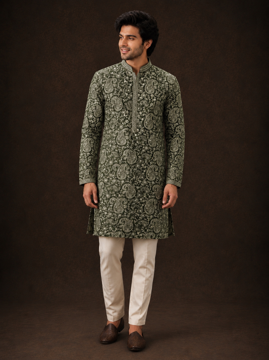 Olive Green Paisley Embroidered Kurta Set