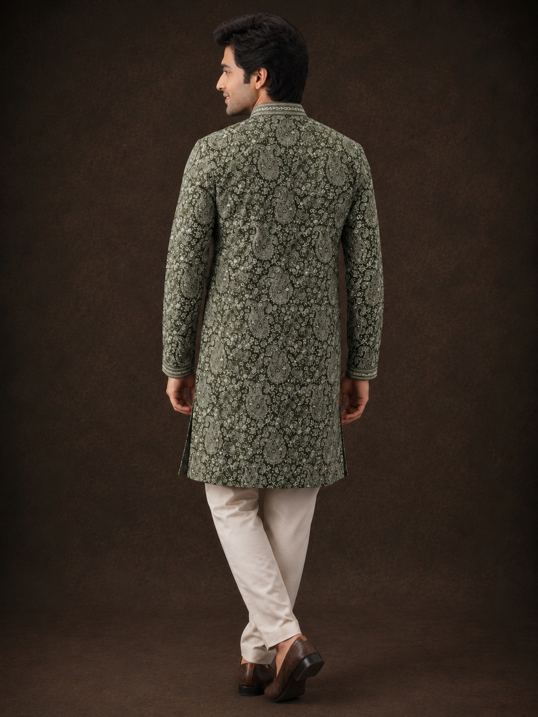 Olive Green Paisley Embroidered Kurta Set