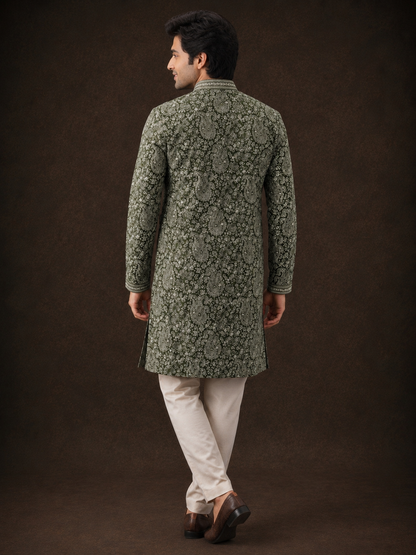 Olive Green Paisley Embroidered Kurta Set