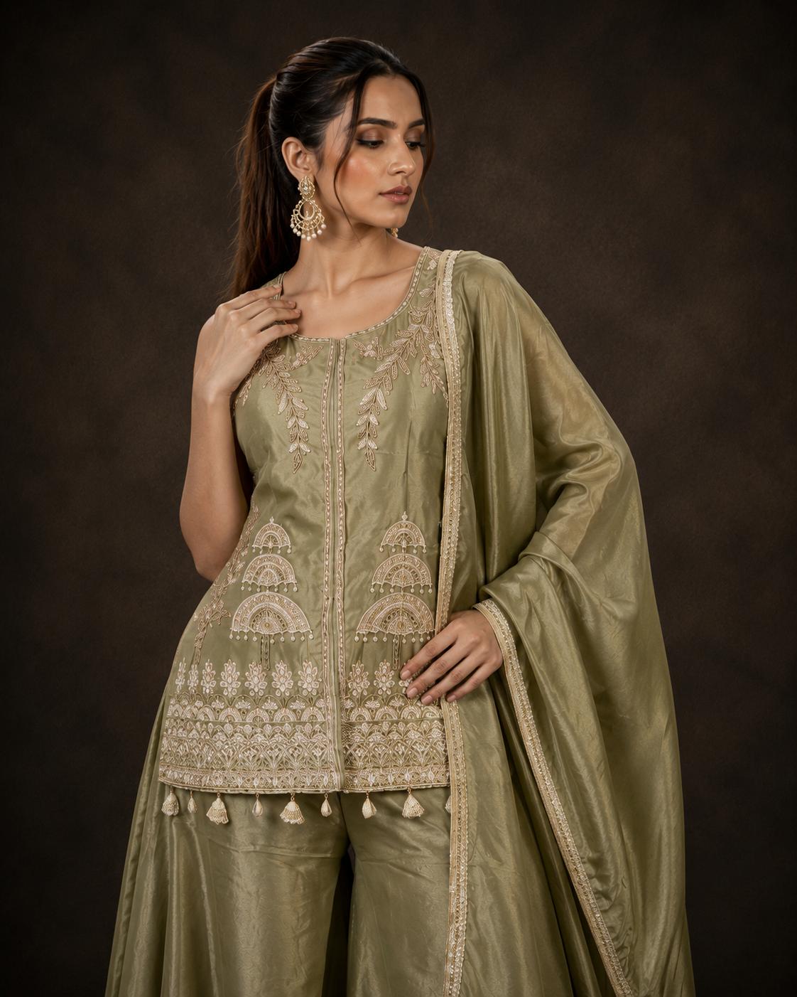 Olive Green Tissue Silk Embroidered Kurti Palazzo Set