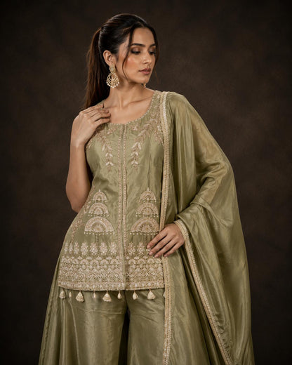 Olive Green Tissue Silk Embroidered Kurti Palazzo Set