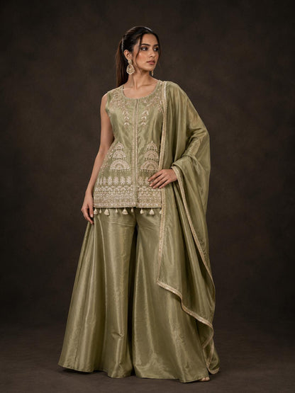 Olive Green Tissue Silk Embroidered Kurti Palazzo Set