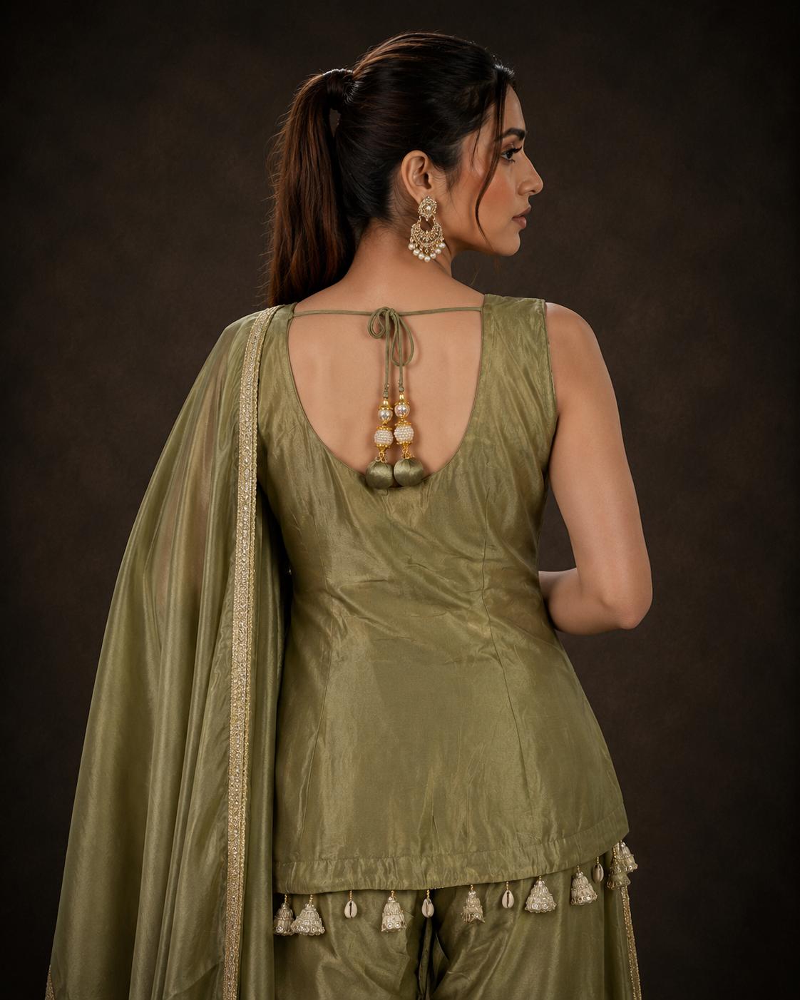 Olive Green Tissue Silk Embroidered Kurti Palazzo Set