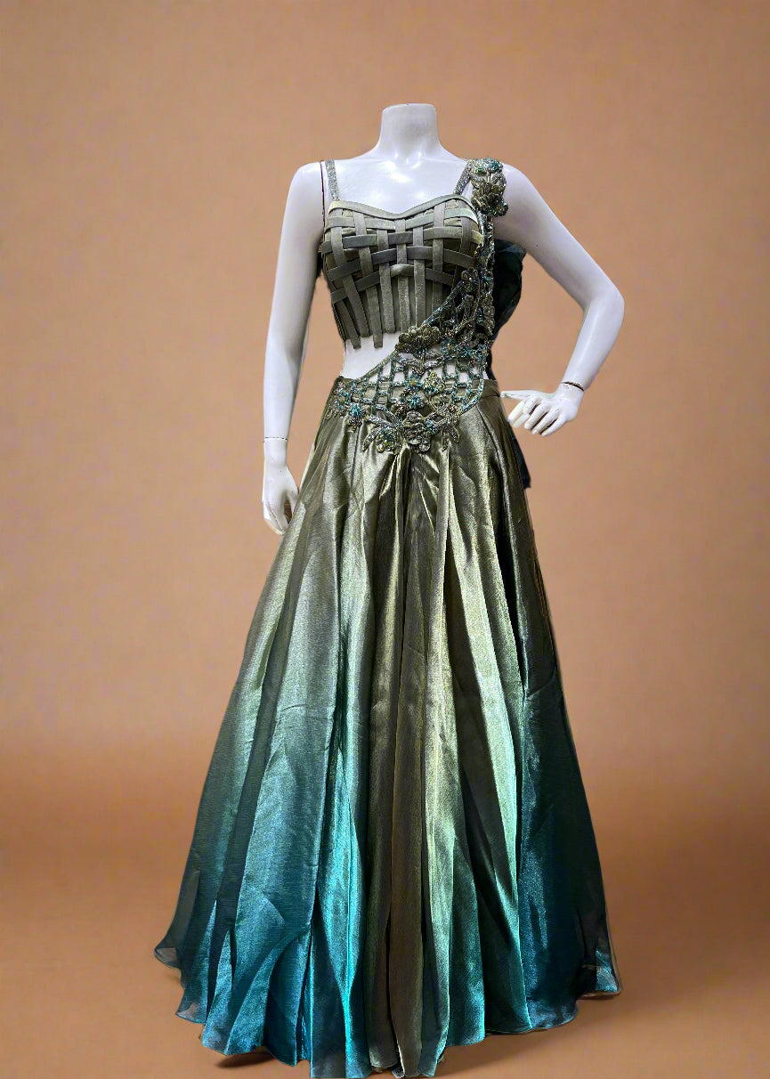 Olive Green and Teal Ombre Lehenga with Basket-Weave Blouse