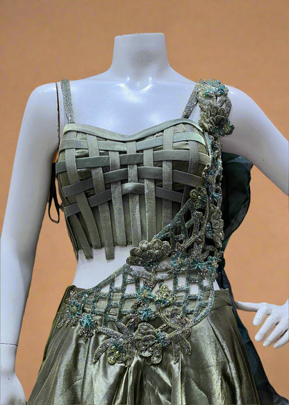 Olive Green and Teal Ombre Lehenga with Basket-Weave Blouse