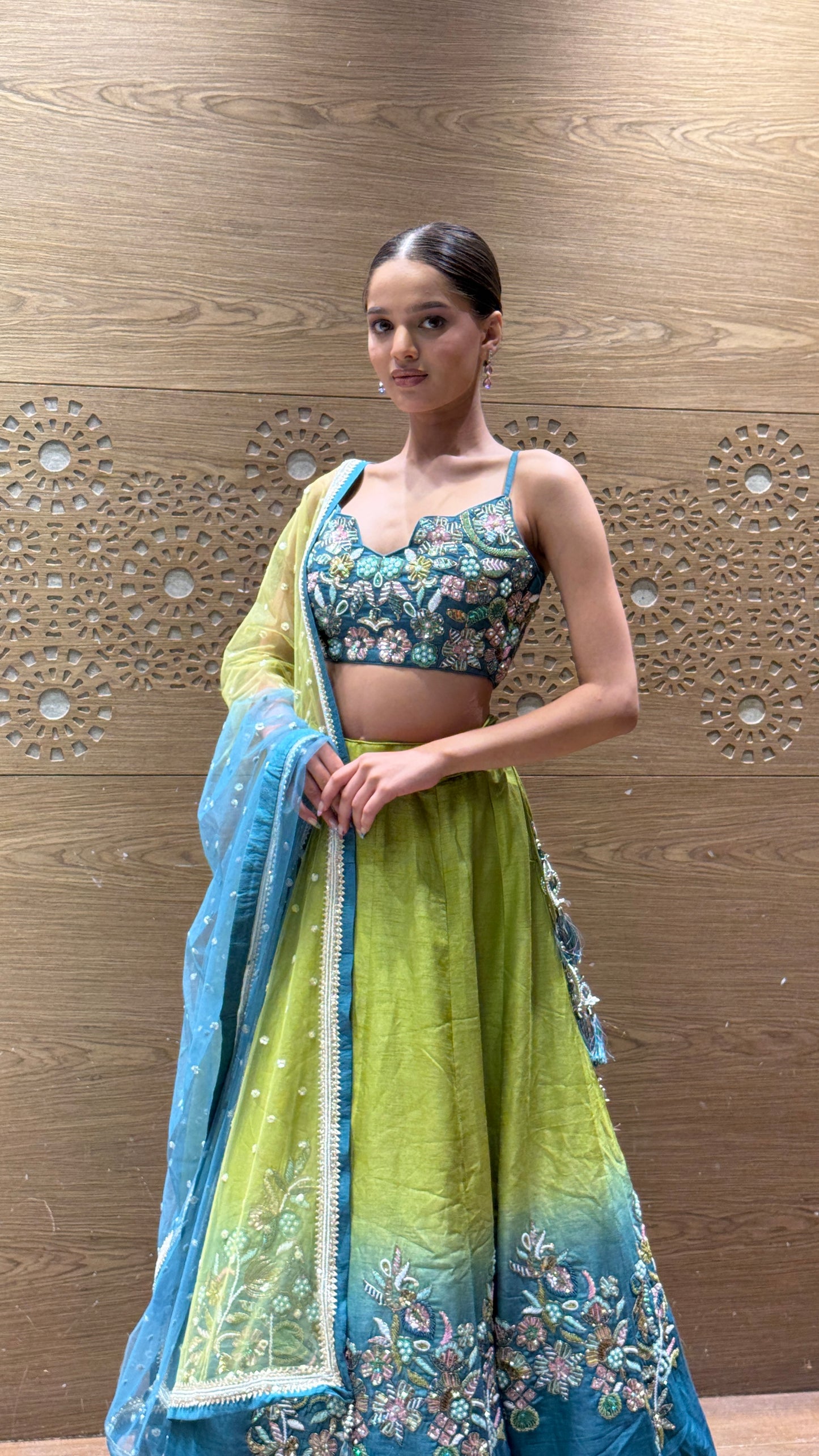 Ombre Green-Blue Embroidered Lehenga Set with Floral Threadwork