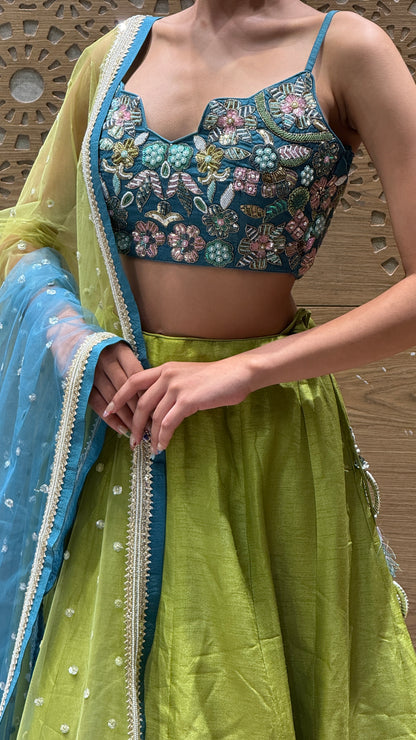 Ombre Green-Blue Embroidered Lehenga Set with Floral Threadwork