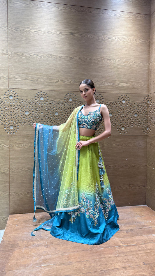 Ombre Green-Blue Embroidered Lehenga Set with Floral Threadwork