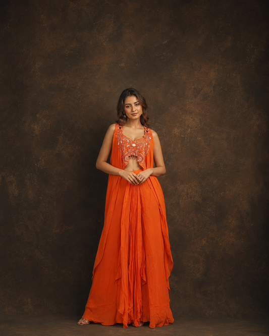 Orange Embellished Indo Western Drape Palazzo Set with Hand Embroidered Crop Top and Flowing Cape