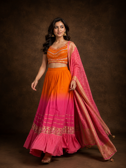 Orange Pink Ombre Lehenga Choli with Mirror Work Embroidery