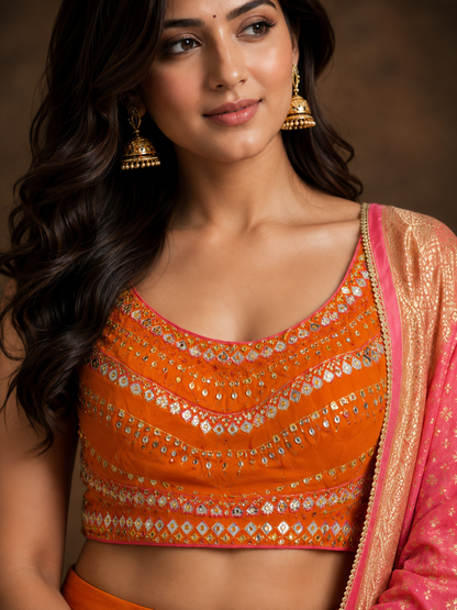 Orange Pink Ombre Lehenga Choli with Mirror Work Embroidery