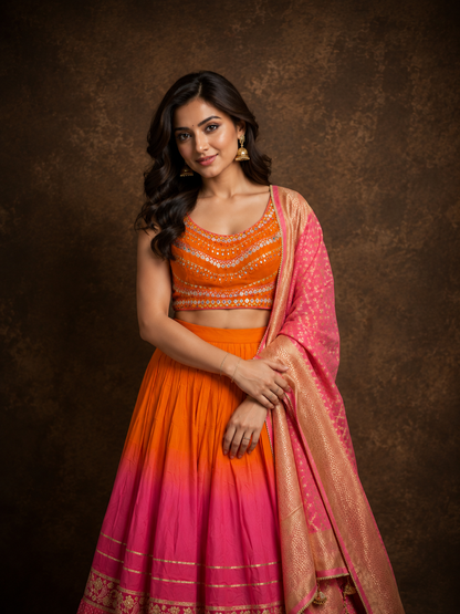 Orange Pink Ombre Lehenga Choli with Mirror Work Embroidery