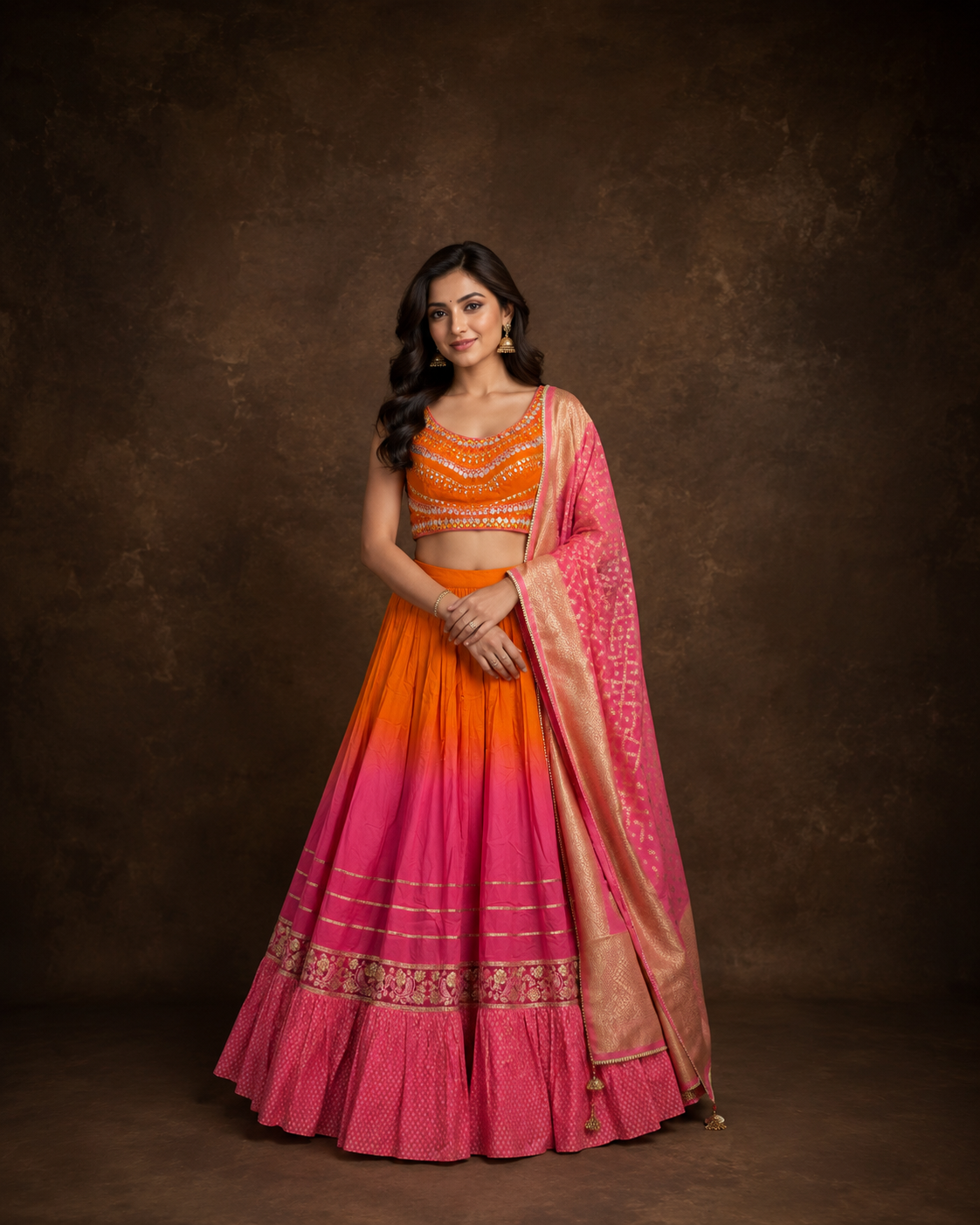 Orange Pink Ombre Lehenga Choli with Mirror Work Embroidery