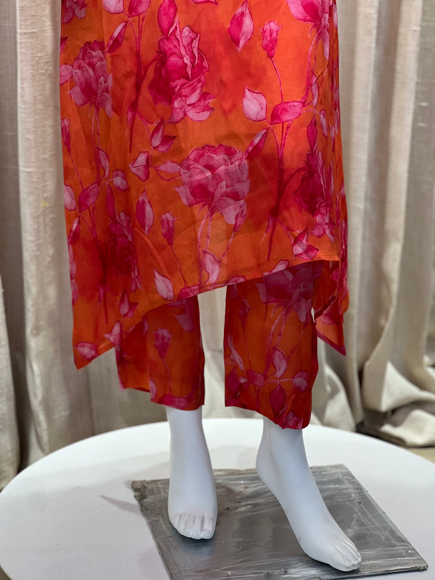 Orange Printed Calf Length Silk Women's Co-Ord Set