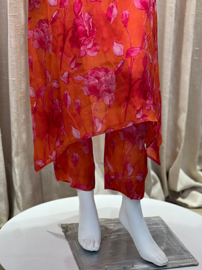 Orange Printed Calf Length Silk Women's Co-Ord Set