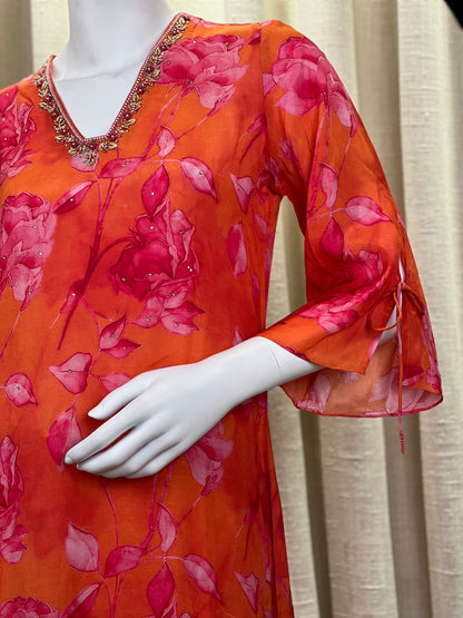 Orange Printed Calf Length Silk Women's Co-Ord Set
