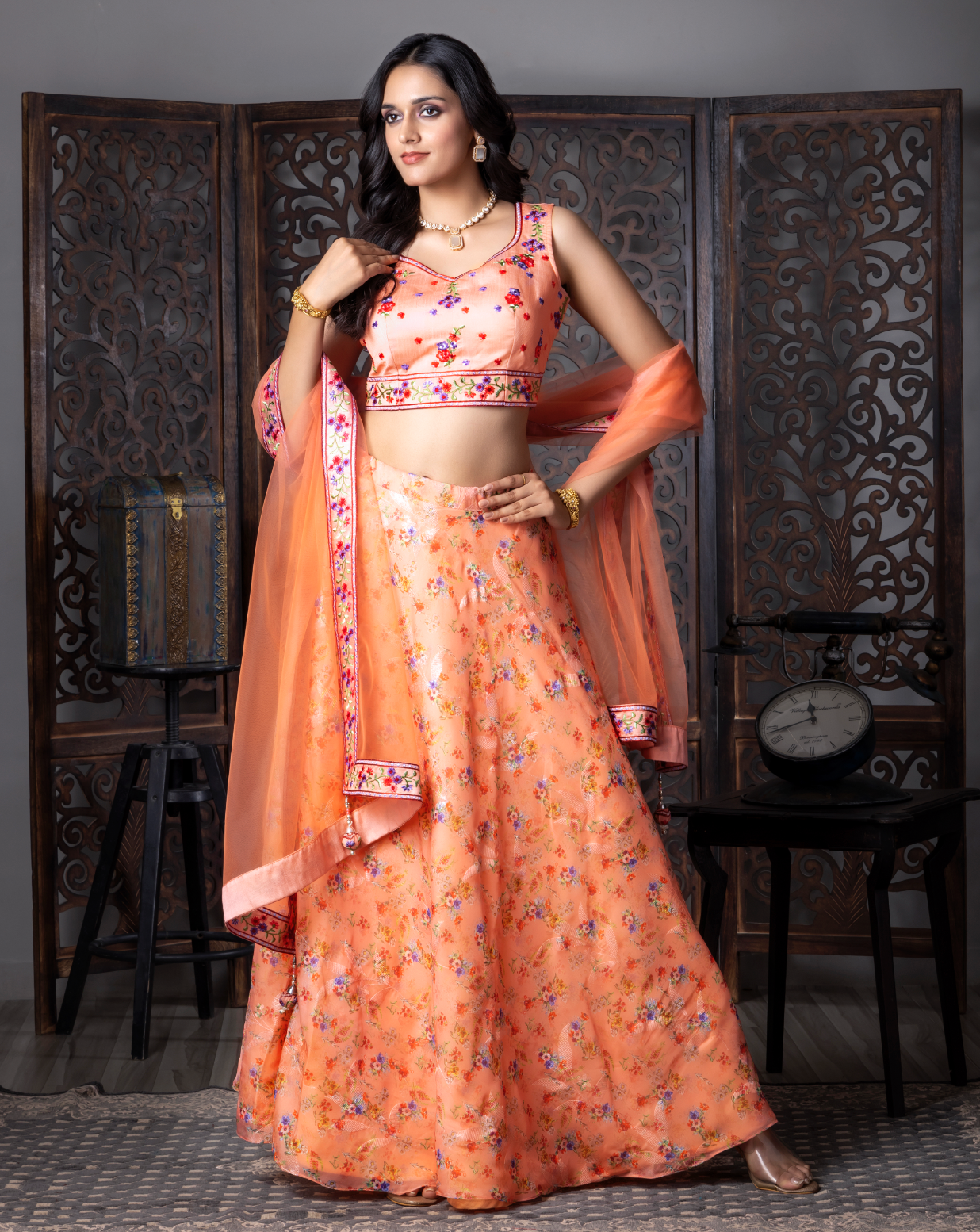 Orange Silk Flora Printed Langha Choli