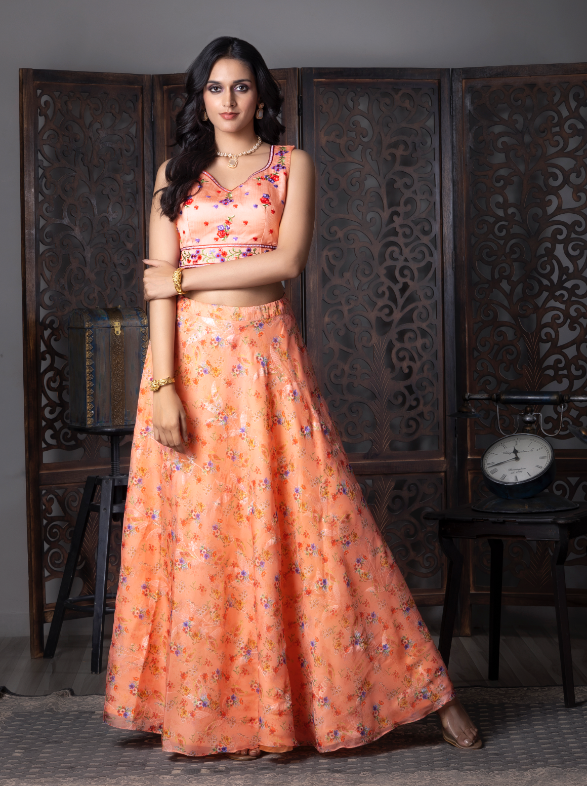 Orange Silk Flora Printed Langha Choli