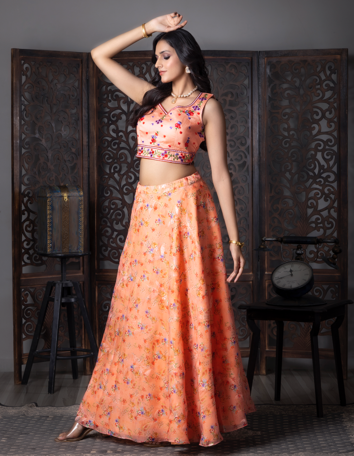 Orange Silk Flora Printed Langha Choli