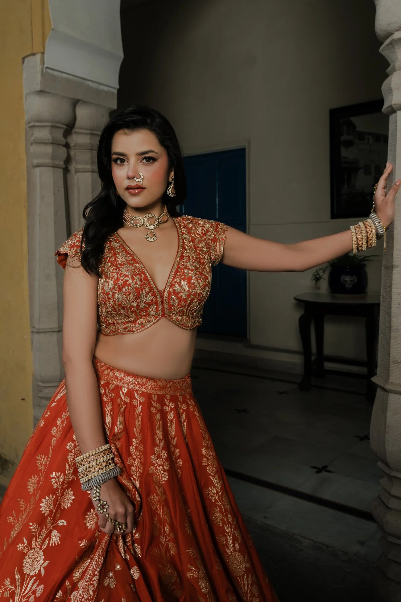 Orange Silk Lehenga Set with Silver Zari Embroidery