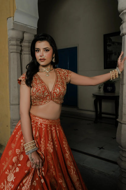 Orange Silk Lehenga Set with Silver Zari Embroidery