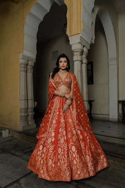 Orange Silk Lehenga Set with Silver Zari Embroidery