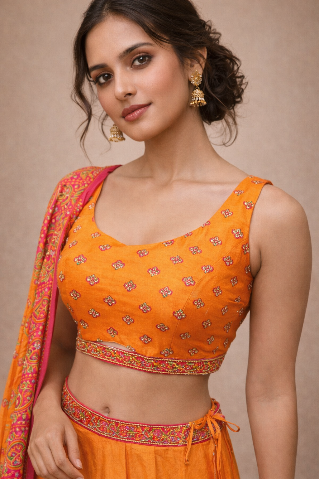 Orange and Rani Pink Embroidered Navratri Lehenga Choli