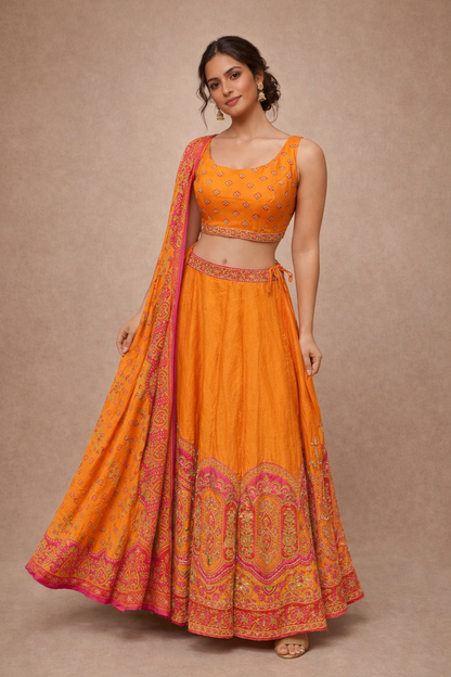 Orange and Rani Pink Embroidered Navratri Lehenga Choli
