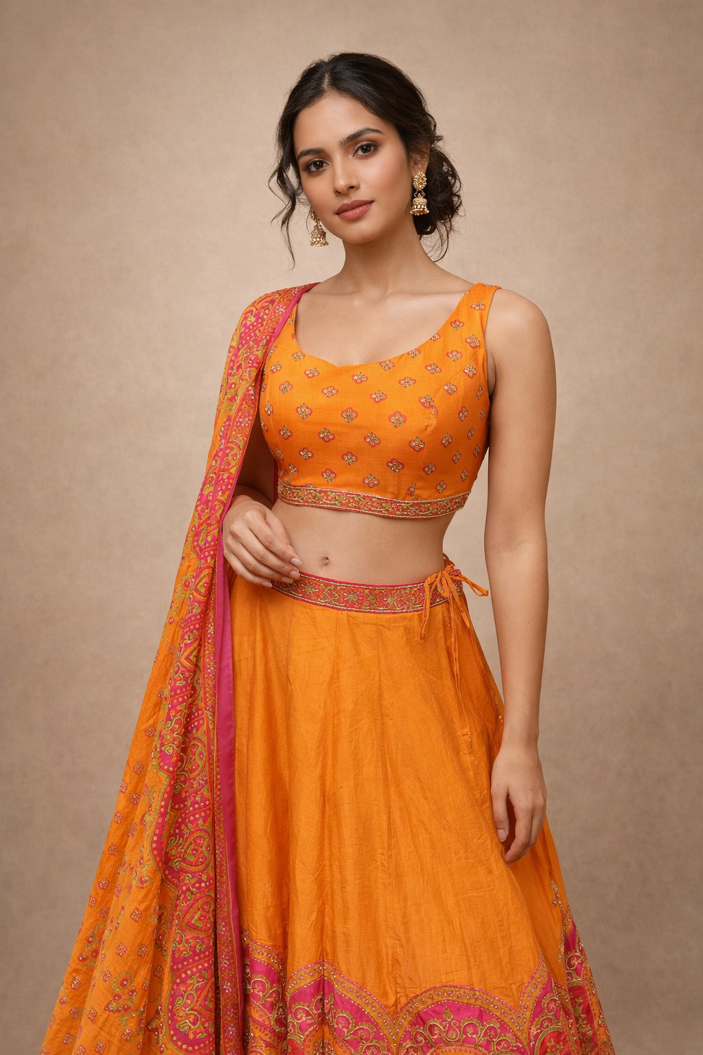 Orange and Rani Pink Embroidered Navratri Lehenga Choli