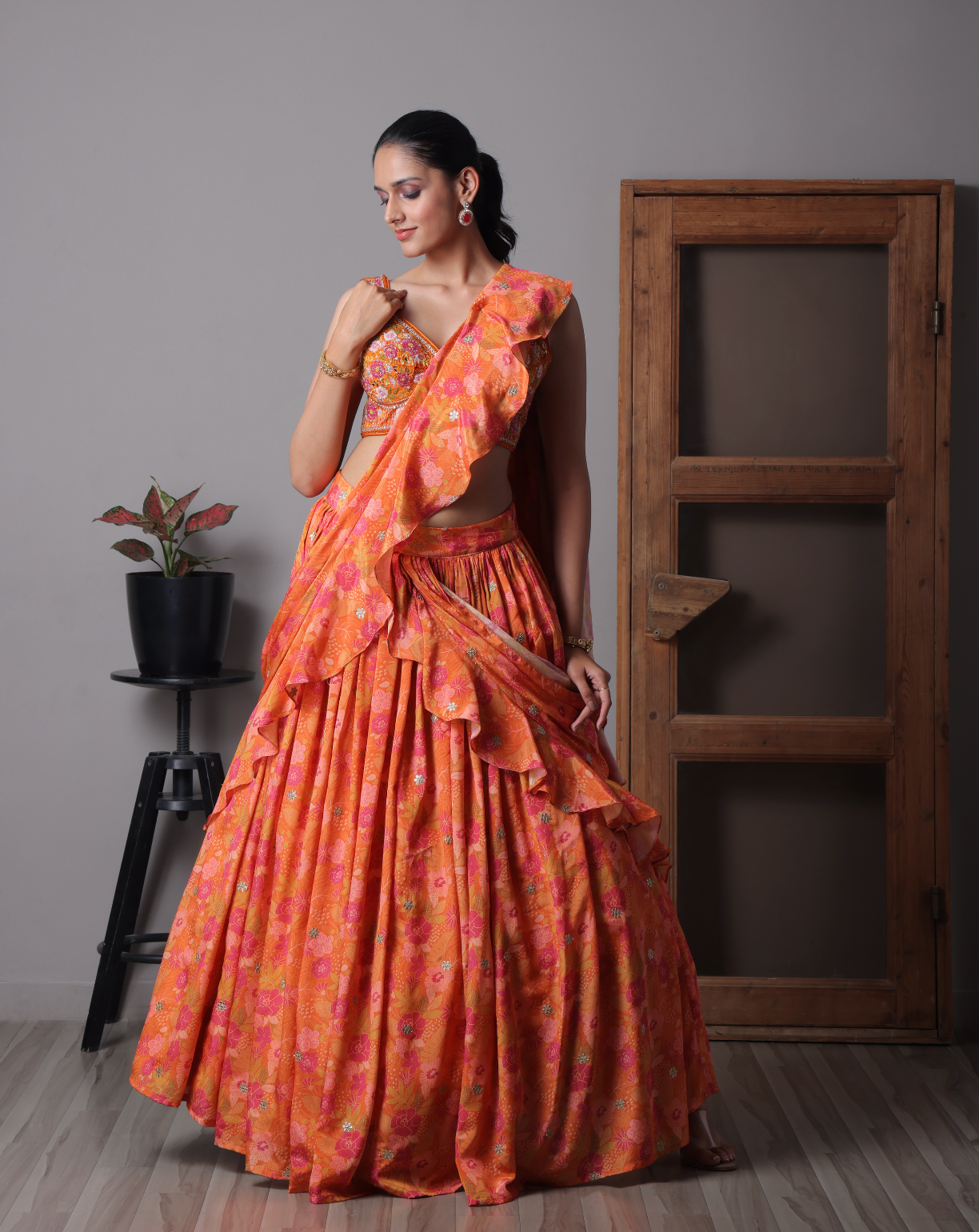 Orange flora printed pre-draped Lehnga