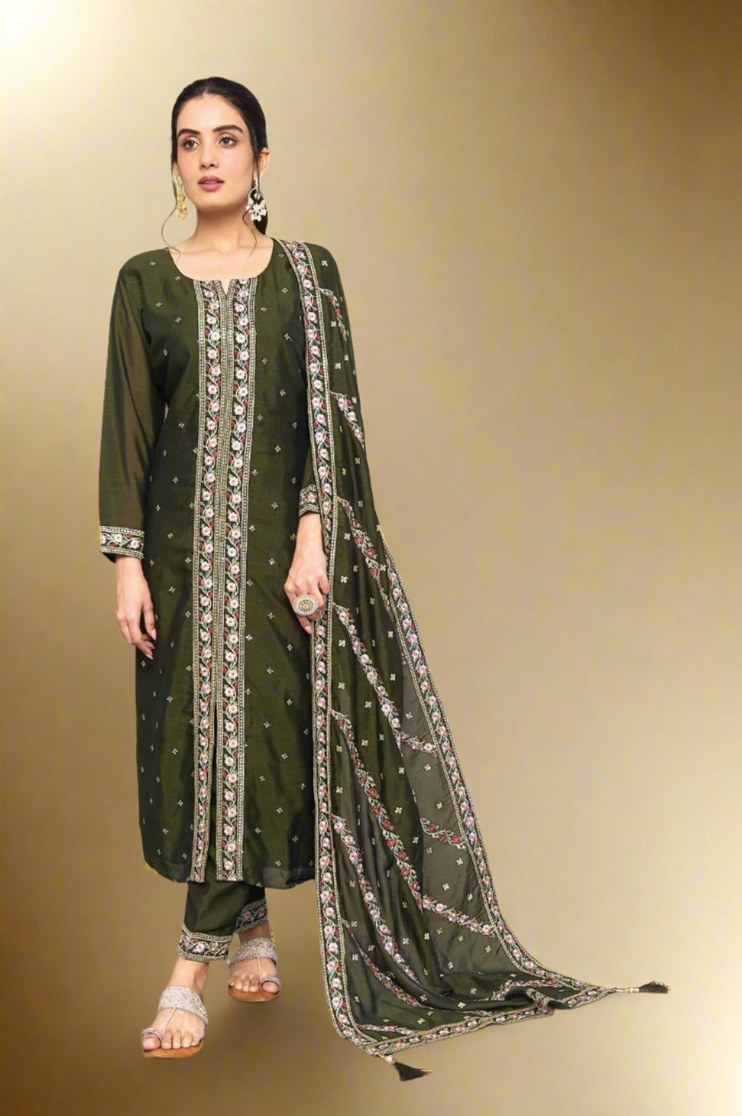 Mehendi-Coloured Long Kurti Pant Set