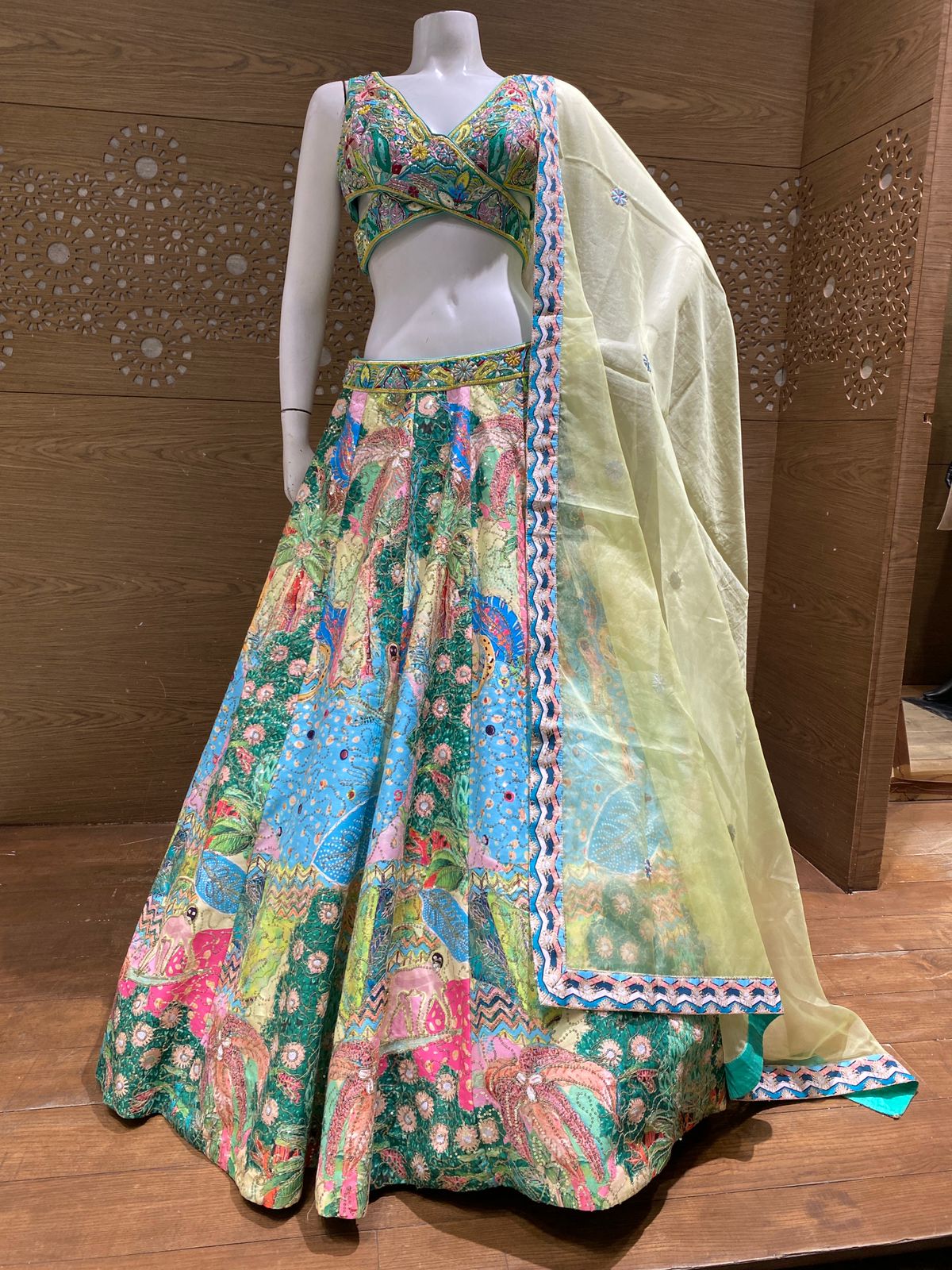 Pastel Green and Multicolor Artistic Print Lehenga with Embroidered Blouse