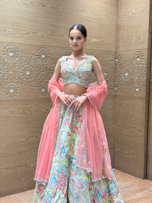 Pastel Bloom Embroidered Lehenga Set with Net Dupatta