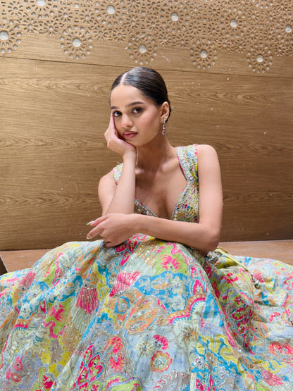 Pastel Bloom Embroidered Lehenga Set with Net Dupatta